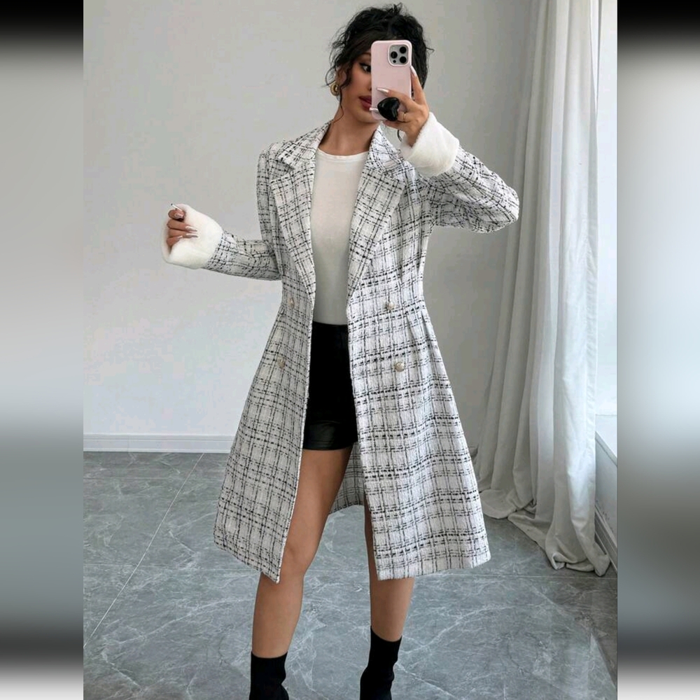 Women's Plaid Lapel Collar Long Sleeve Metal Double Breasted Elegant Woolen Jack - Picture 3 of 7